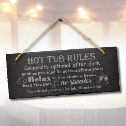 Hot Tub Rules Engraved Hanging Slate Sign Funny Pool Spa Outdoor Gift Plaque