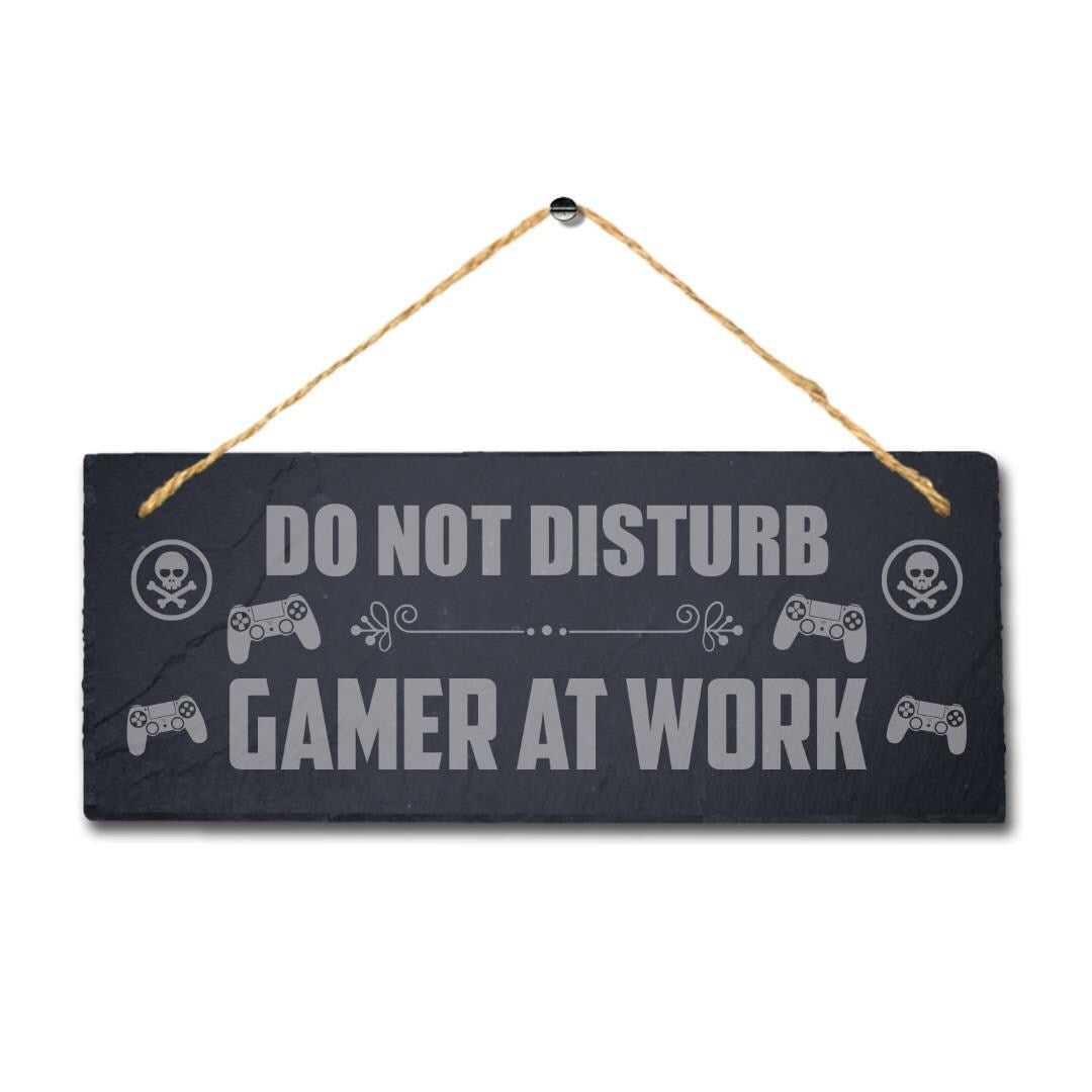 Do Not Disturb Gamer At Work Laser Engraved Hanging Slate Door Home Plaque Sign