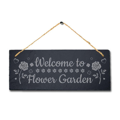 Welcome To Flower Garden Engraved Hanging Slate Garden Allotment Plaque Sign