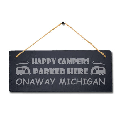 Happy Campers Parked Caravan Laser Engraved Hanging Slate Camping Plaque Sign