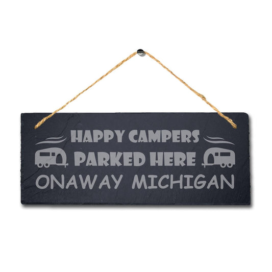 Happy Campers Parked Caravan Laser Engraved Hanging Slate Camping Plaque Sign