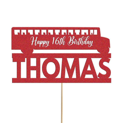 Personalised Glitter Bus Cake Topper: Custom Name & Age