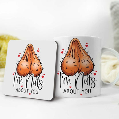 Im Nuts About You Mug & Coaster Funny Rude Girlfriend Wife Balls Birthday Anniversary Tea Coffee Mug Gift Set