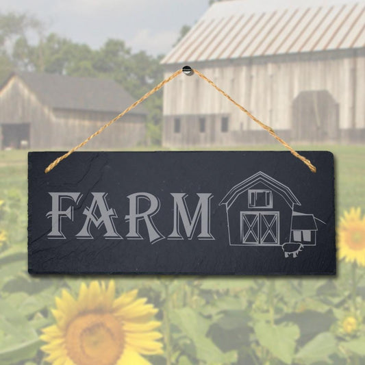 Farm With House Sketch Laser Engraved Hanging Slate Farmhouse Decor Plaque Sign