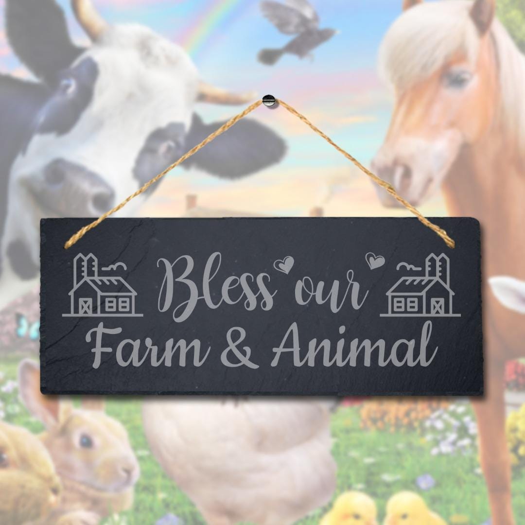 Bless Our Farm And Animals Laser Engraved Hanging Slate Farmhouse Plaque Sign