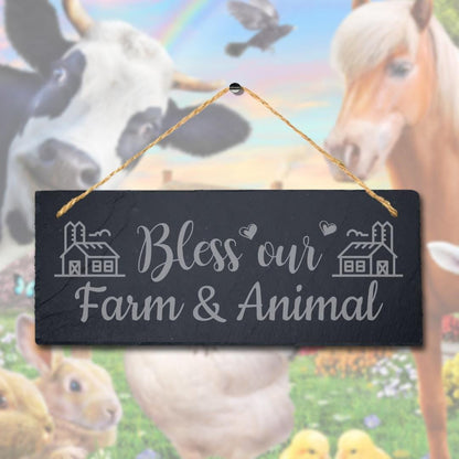 Bless Our Farm And Animals Laser Engraved Hanging Slate Farmhouse Plaque Sign