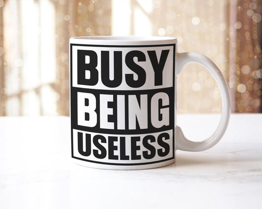 Busy Being Useless Mug & Coaster Set Funny Employees Workers Employers Tea Gift