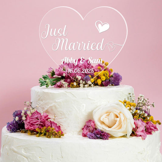 Personalised Wedding Cake Topper Just Married Engraved Acrylic Heart Decoration