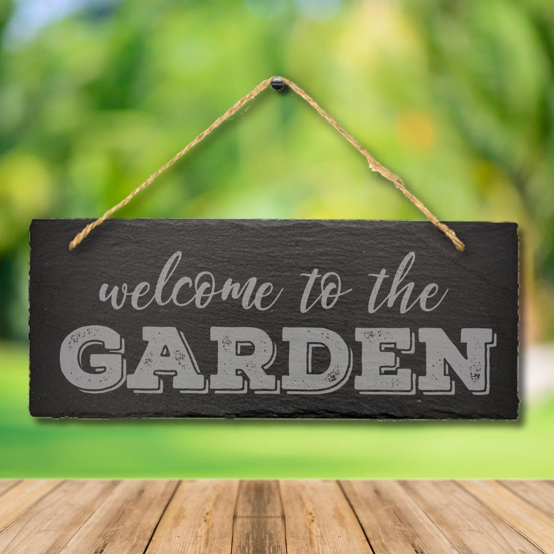 Welcome To The Garden Engraved Hanging Stone Slate Plaque Patio Sign Outdoor Decor