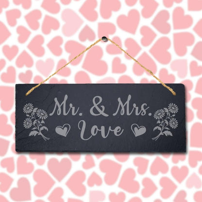 Mr & Mrs Love Laser Engraved Hanging Slate Wedding Valentine Gift Plaque Sign
