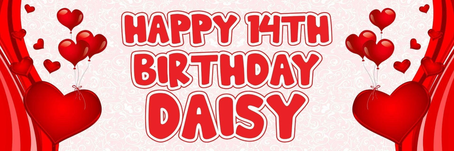 2 Personalised Birthday Banners Red Heart Themed Party Celebration Decoration Posters
