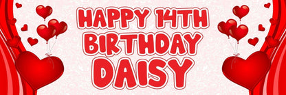 2 Personalised Birthday Banners Red Heart Themed Party Celebration Decoration Posters