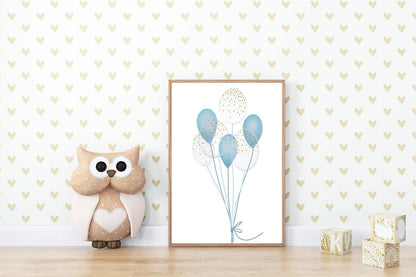 Blue Balloons Boys Boho Watercolour Hand Painted Effect Nursery Wall Art Poster