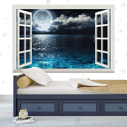 Full Moon Ocean View Wall Decal: 3D Window Seascape Mural