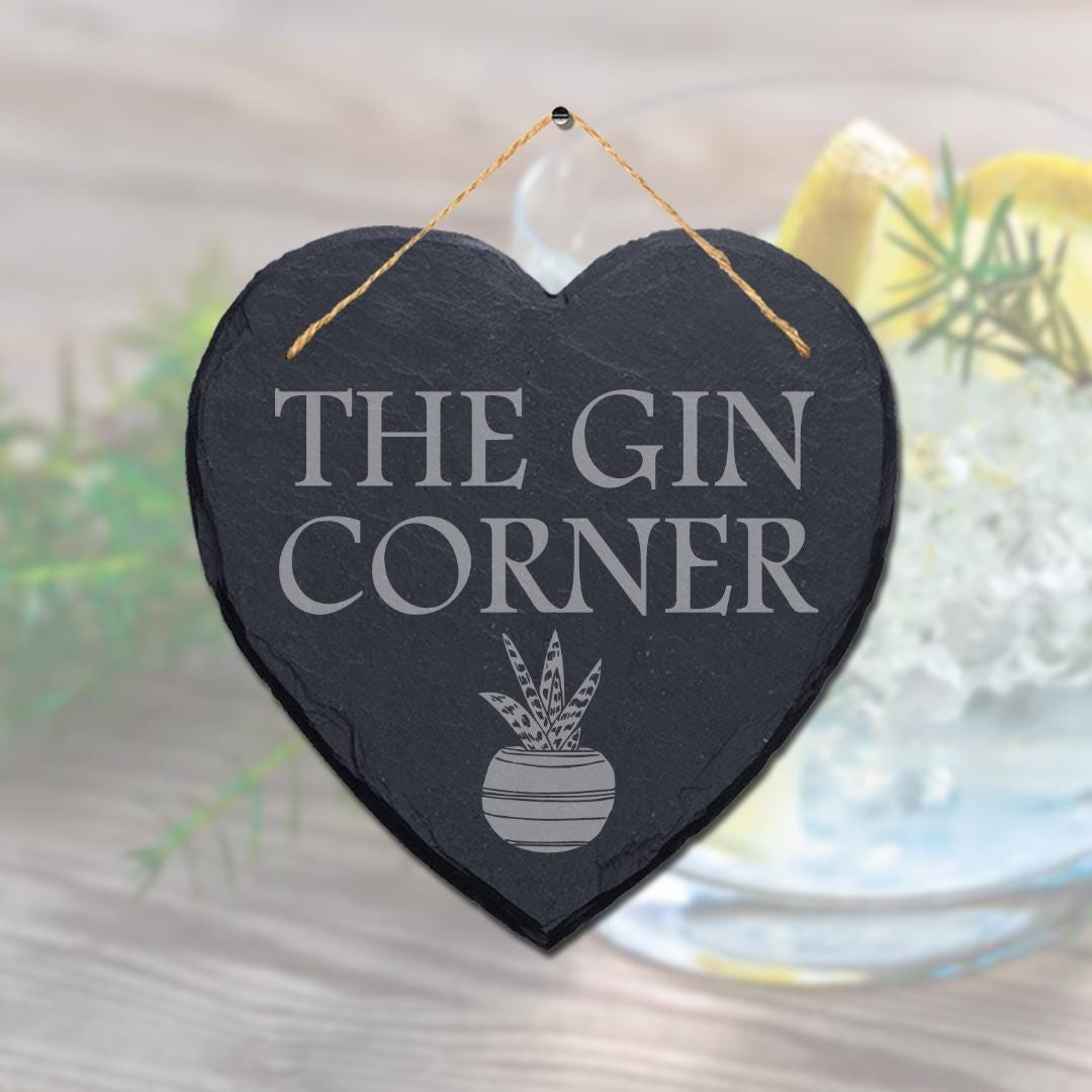 The Gin Corner Garden Laser Engraved Hanging Heart Shape Slate Rum Plaque Sign