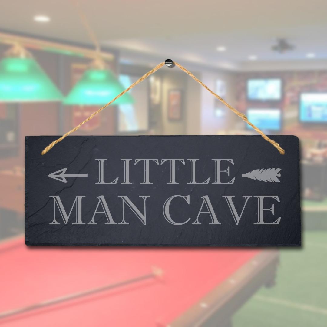 Little Man Cave Left Arrow Direction Laser Engraved Hanging Slate Bar Plaque Sign