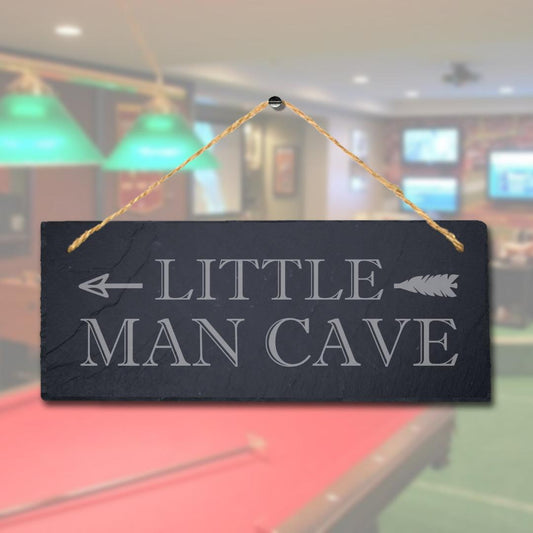 Little Man Cave Left Arrow Direction Laser Engraved Hanging Slate Bar Plaque Sign