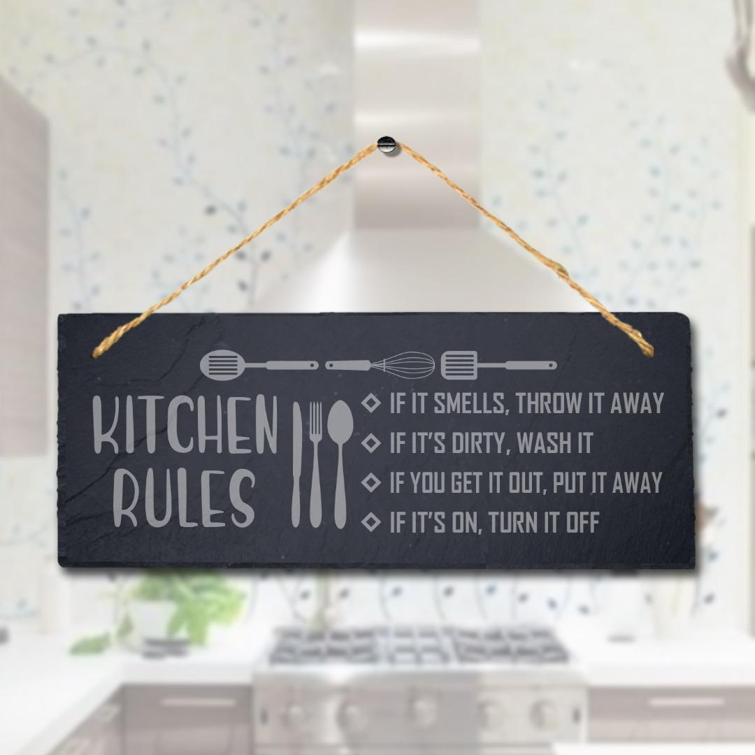Kitchen Rules If It Smells Laser Engraved Hanging Slate Kitchen Home Plaque Sign