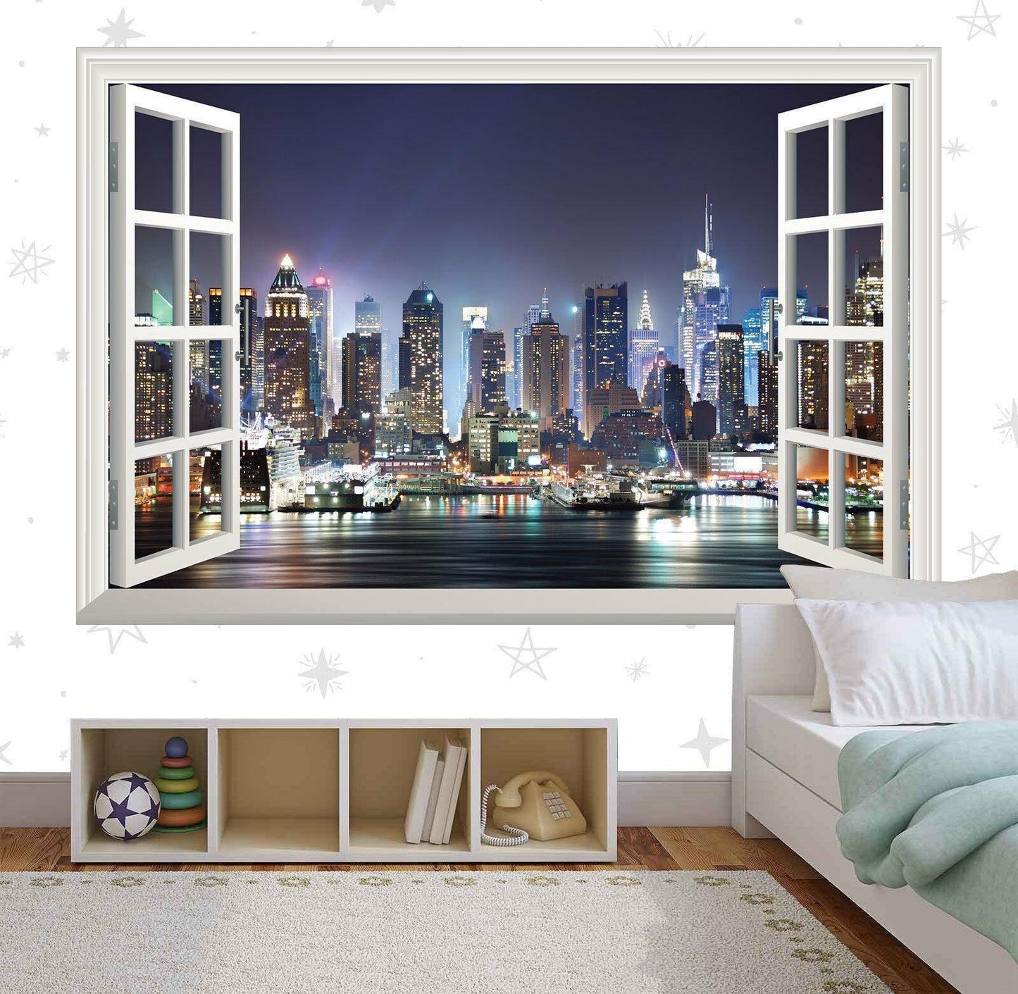 New York City Skyline Wall Sticker: 3D Window View Vinyl Decal