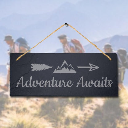 Adventure Awaits Laser Engraved Hanging Slate Camping Hiking Plaque Sign