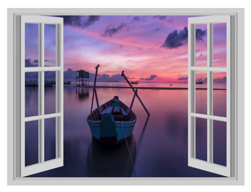 Sunset Lake Boat 3D Window View Wall Decal - 45cm x 60cm