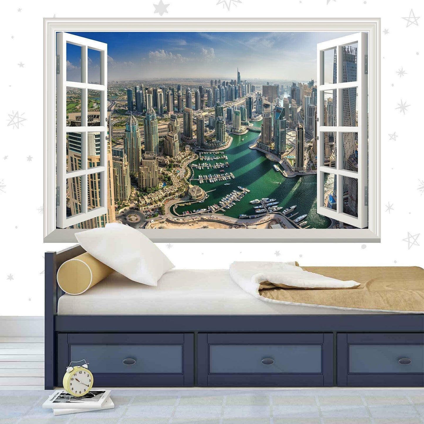 Dubai Cityscape Wall Decal: 3D Window View Vinyl Mural