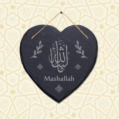 Mashallah Laser Engraved Islamic Wall Hanging Slate Heart Shape Plaque Sign