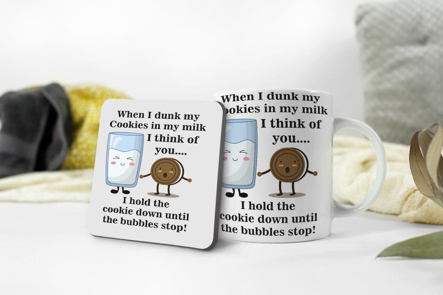 Funny Cookies & Milk Mug with Coaster Set - Valentines Day Coffee Gift
