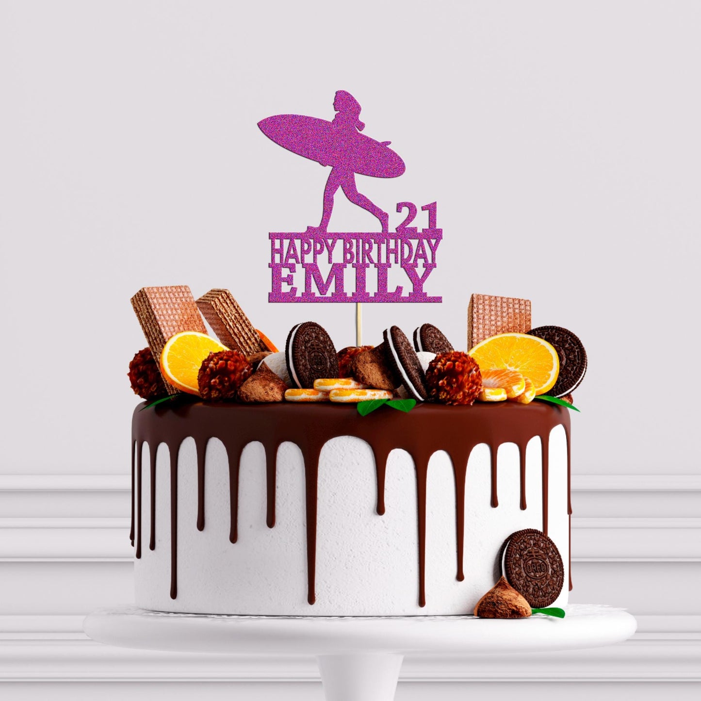 Personalised Surfboard Glitter Cake Topper: Girl's Birthday Decoration
