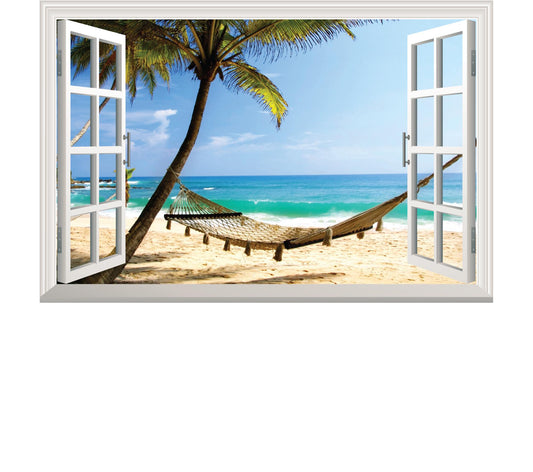 Beach Resort 3D Window View Wall Decal: Summer Sea Waves Vinyl Mural