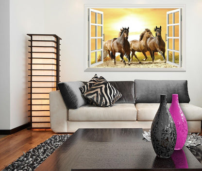 3D Running Horses Wall Decal: Sunset Window View Vinyl Mural
