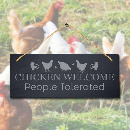 Chicken Welcome People Tolerate Hanging Slate Chick Chicken Shed Plaque Sign