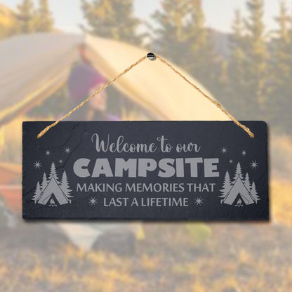Campsite Memories Friends Fun Laser Engraved Hanging Slate Camping Plaque Sign