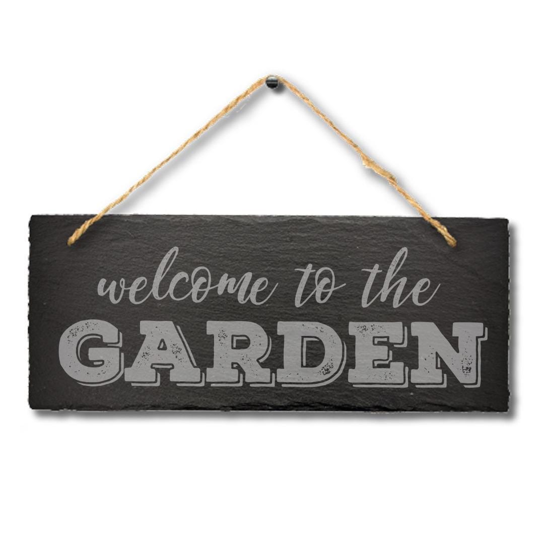 Welcome To The Garden Engraved Hanging Stone Slate Plaque Patio Sign Outdoor Decor