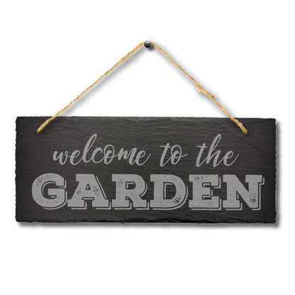 Welcome To The Garden Engraved Hanging Stone Slate Plaque Patio Sign Outdoor Decor