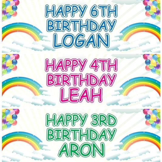 2 Personalised Rainbow Birthday Celebration Banners Rainy Day Decoration Posters