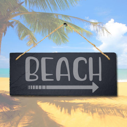 Beach With Arrow Laser Engraved Hanging Slate Ocean Beach Sea Decor Plaque Sign
