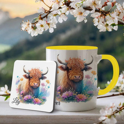 Personalised Highland Cow Mug and Coaster Set: Birthday Gift
