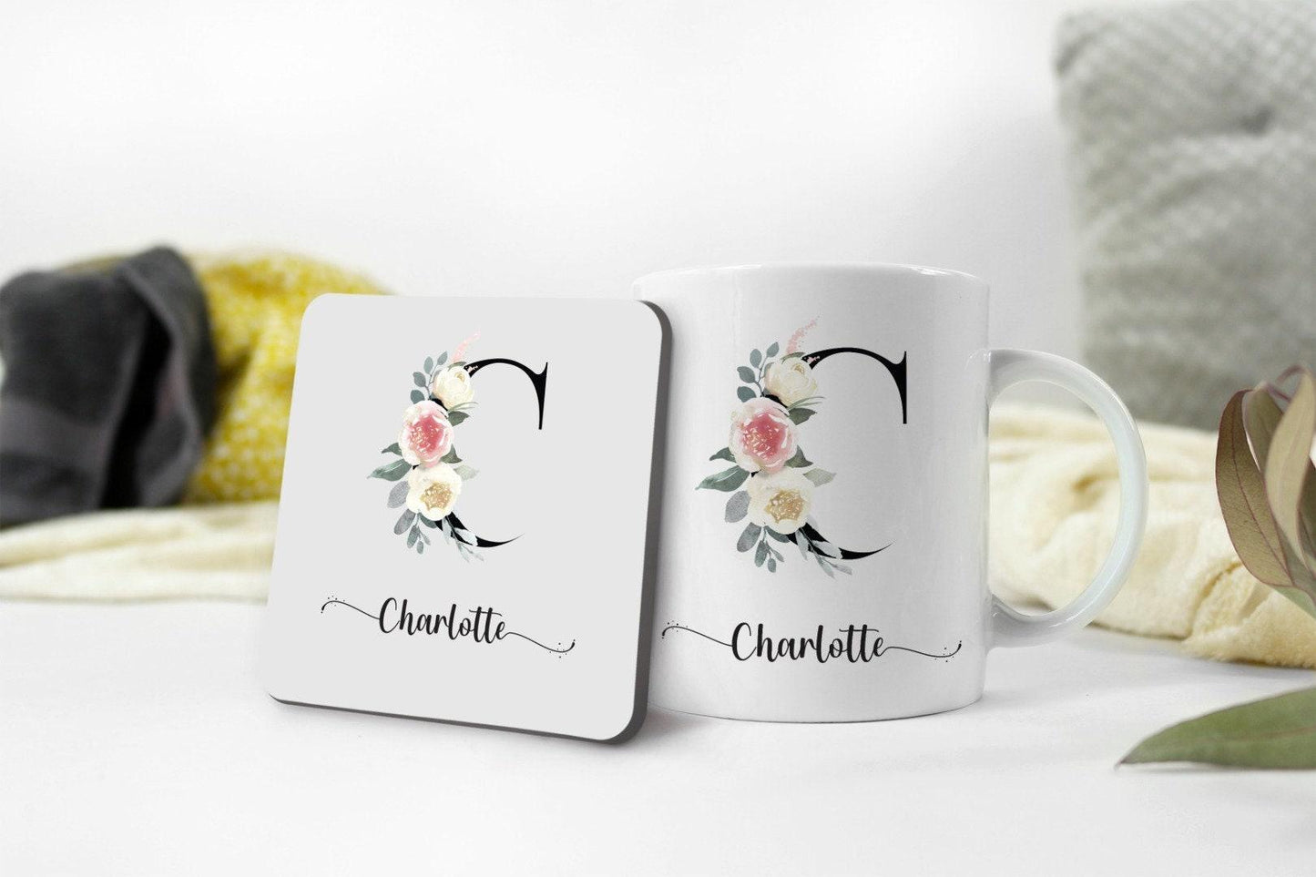 Personalised Floral Initial Mug: Watercolor Flower Monogram Gift