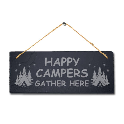 Happy Campers Gather Here Laser Engraved Hanging Slate Camping Decor Plaque Sign