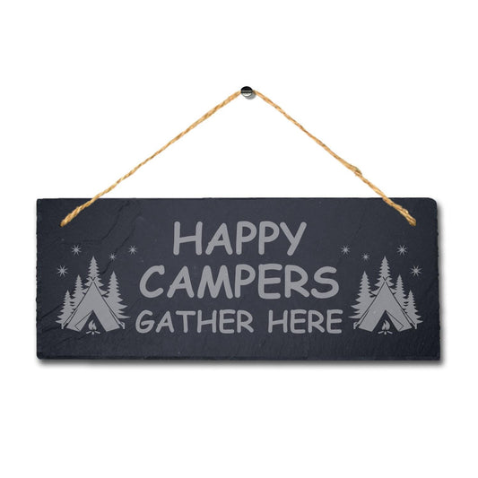 Happy Campers Gather Here Laser Engraved Hanging Slate Camping Decor Plaque Sign