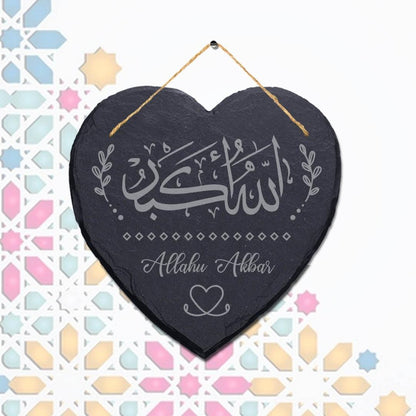 Allahu Akbar Takbir Engraved Wall Hanging Islamic Heart Home Slate Plaque Sign