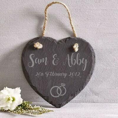 Personalised Hanging Slate Heart Rings Engraved Plaque Wedding Engagement Gift