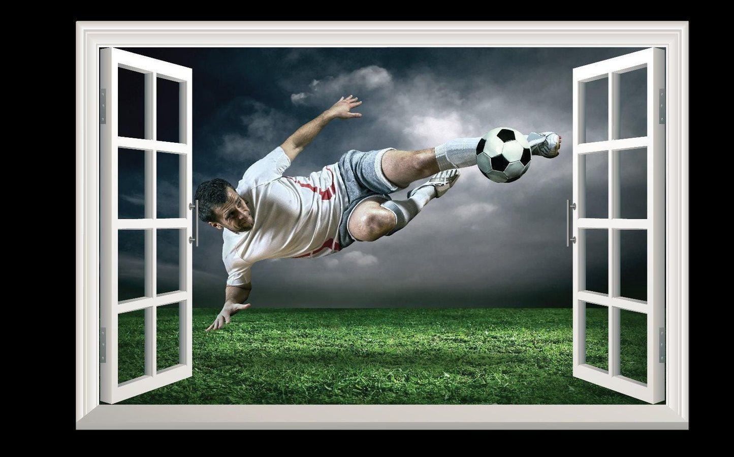 Footballer 3D Window View Wall Decal: Boys Bedroom Mural