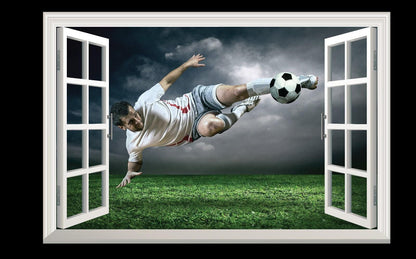 Footballer 3D Window View Wall Decal: Boys Bedroom Mural