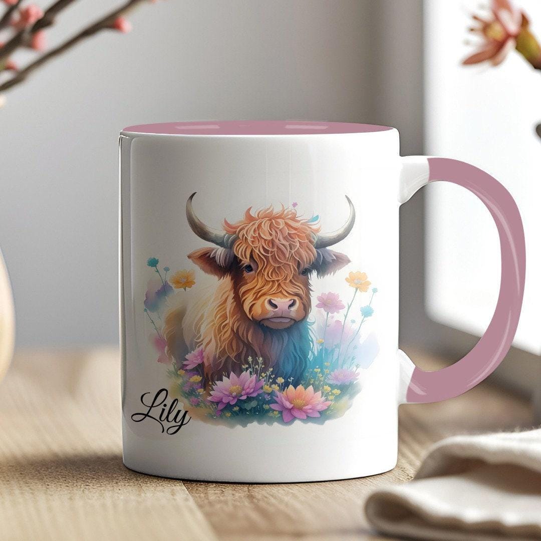 Personalised Highland Cow Mug and Coaster Set: Birthday Gift