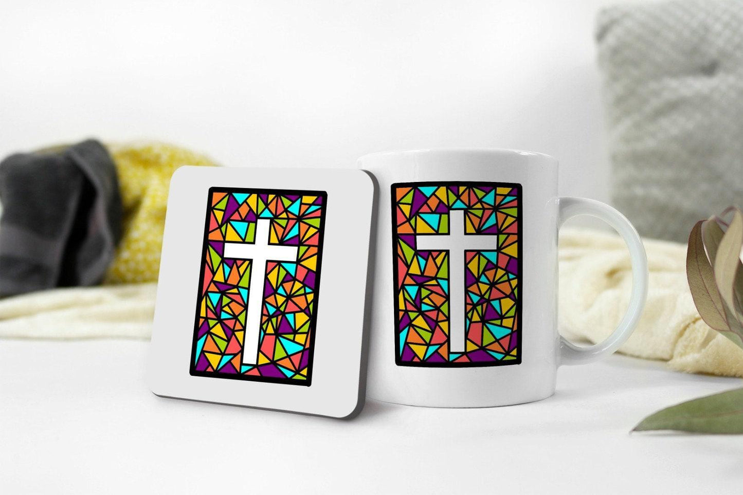 Stained Glass Cross Mug & Coaster Set: Religious Gift