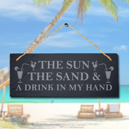 The Sun The Sand Laser Engraved Hanging Slate Ocean Beach Sea Decor Plaque Sign