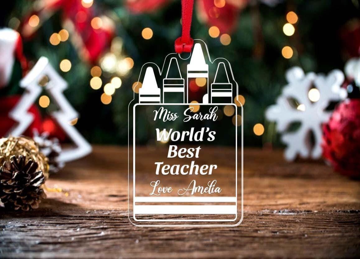 Personalised Teacher Christmas Bauble: Acrylic Crayon Design