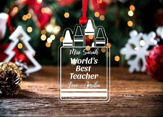 Personalised Teacher Christmas Bauble: Acrylic Crayon Design